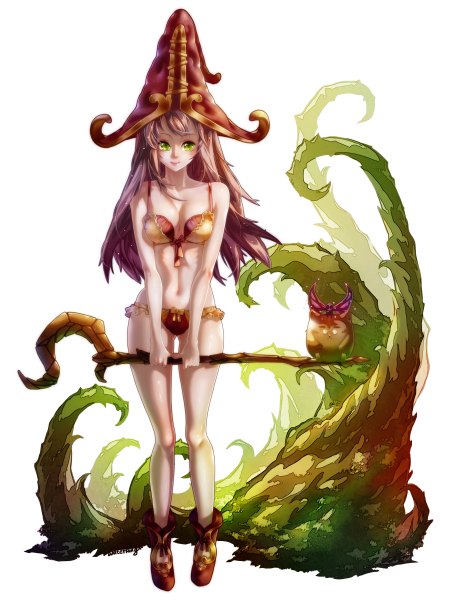 Anime picture 1800x2400 with league of legends lulu (league of legends) waterring single long hair tall image blush highres light erotic simple background smile white background green eyes looking away purple hair girl navel swimsuit hat witch hat