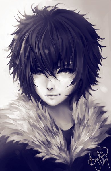 Anime picture 600x923 with tokyo ghoul studio pierrot kirishima ayato byakurin single tall image fringe short hair black hair smile signed looking away light smile lips grey eyes dated eyebrows spiked hair boy fur