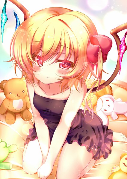 Anime picture 1148x1624 with touhou flandre scarlet gaga (artist) single tall image looking at viewer blush short hair blonde hair red eyes sitting ponytail barefoot side ponytail wariza girl dress bow wings black dress