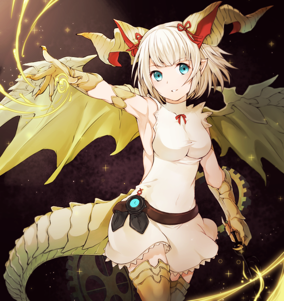 Anime picture 1058x1121 with puzzle & dragons miru (p&d) kurage (11649021) single tall image blush fringe short hair breasts blue eyes simple background smile animal ears white hair blunt bangs parted lips pointy ears sparkle armpit (armpits) zettai ryouiki