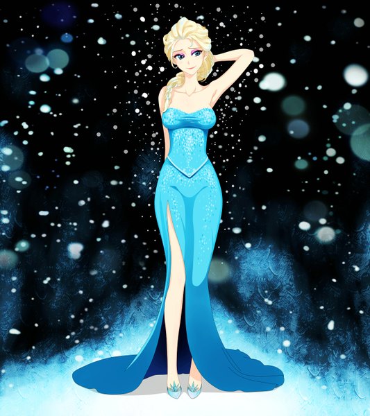 Anime picture 1280x1440 with frozen (disney) disney elsa (frozen) zimu jiang (artist) single long hair tall image breasts blue eyes blonde hair looking away braid (braids) light smile armpit (armpits) single braid eyeshadow makeup girl dress shoes