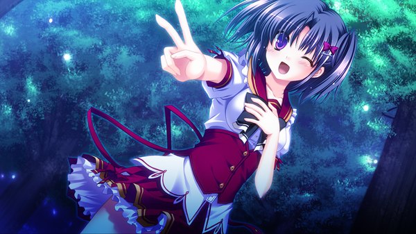 Anime picture 1024x576 with fortuna rhapsody blush short hair open mouth black hair wide image purple eyes twintails game cg one eye closed wink short twintails victory girl uniform plant (plants) school uniform tree (trees)