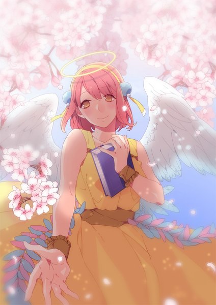 Anime picture 750x1061 with uta no prince-sama a-1 pictures nanami haruka (uta no prince-sama) ayune (artist) single tall image blush short hair smile yellow eyes pink hair sky light smile sleeveless cherry blossoms outstretched arm angel wings angel girl dress