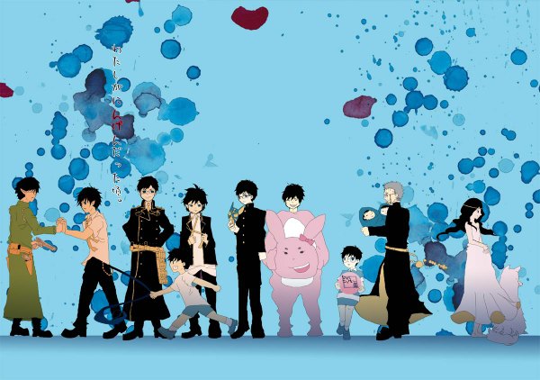 Anime picture 1200x844 with ao no exorcist a-1 pictures okumura rin okumura yukio ahime (artist) holding hands blue background alternate age younger girl dress boy uniform bow school uniform glasses suit child (children) pistol animal costume