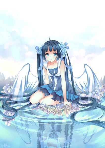 Anime picture 700x989 with original aque shen lei single tall image looking at viewer blue eyes black hair twintails very long hair girl dress flower (flowers) ribbon (ribbons) hair ribbon wings