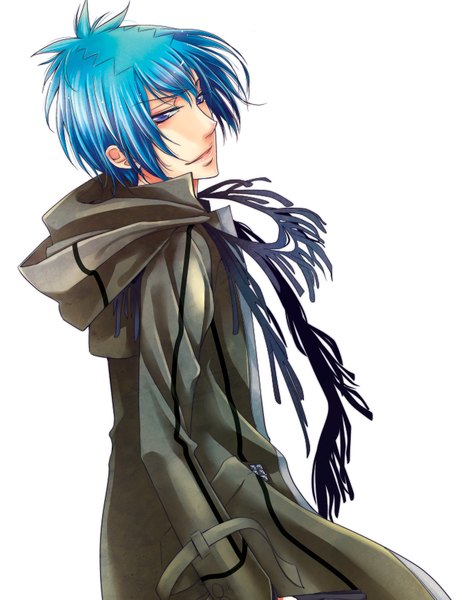 Anime picture 669x869 with katekyou hitman reborn daemon spade hibaniki69 single tall image fringe short hair simple background hair between eyes white background purple eyes blue hair looking away parted lips light smile turning head boy hood cloak