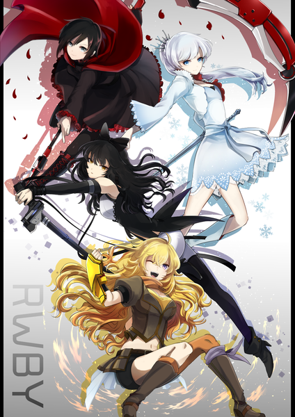 Anime picture 1013x1432 with rwby rooster teeth ruby rose weiss schnee blake belladonna yang xiao long mate@juken long hair tall image looking at viewer fringe short hair breasts open mouth blue eyes black hair blonde hair smile hair between eyes sitting