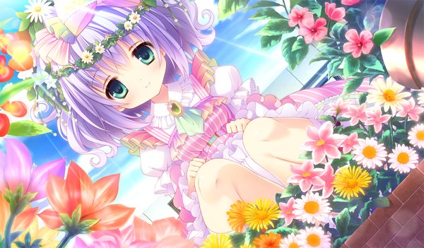 Anime picture 1024x600 with koisuru doll to omoi no kiseki ena (koisuru doll to omoi no kiseki) single looking at viewer short hair blue eyes wide image blue hair game cg loli girl dress flower (flowers) bow hair bow