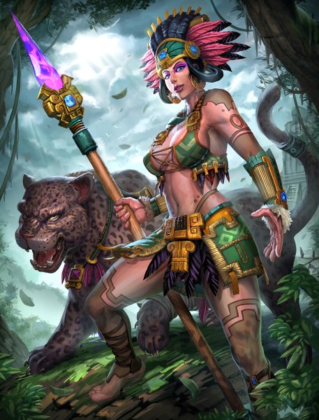 Anime picture 914x1200 with smite (game) awilix (smite) brolo single tall image looking at viewer short hair breasts blue eyes light erotic black hair lips bare belly midriff tattoo girl navel weapon earrings animal