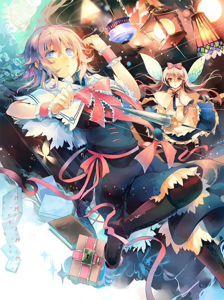 Anime picture 787x1057 with touhou alice margatroid shanghai kirero (pixiv) long hair tall image short hair blue eyes red eyes multiple girls pink hair traditional clothes :o light miko insect wings butterfly wings girl dress bow