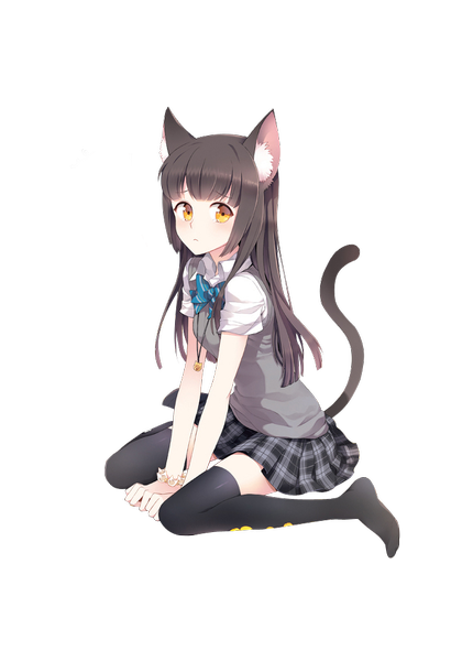 Anime picture 700x1000 with original nardack single long hair tall image blush brown hair sitting animal ears yellow eyes looking away full body tail animal tail pleated skirt cat ears cat girl cat tail no shoes plaid skirt