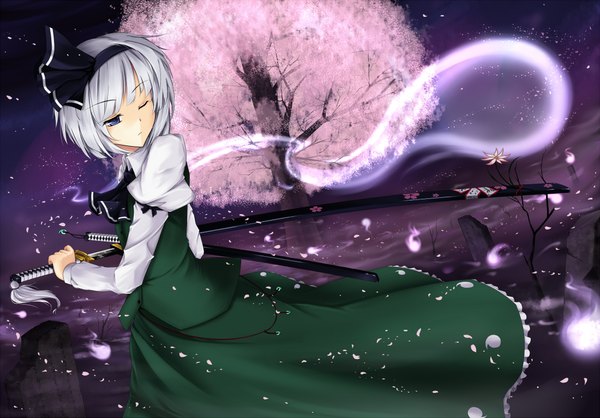 Anime picture 2200x1533 with touhou konpaku youmu myon cloudy.r single highres short hair blue eyes silver hair one eye closed wink cherry blossoms ghost girl skirt plant (plants) petals sword tree (trees) hairband