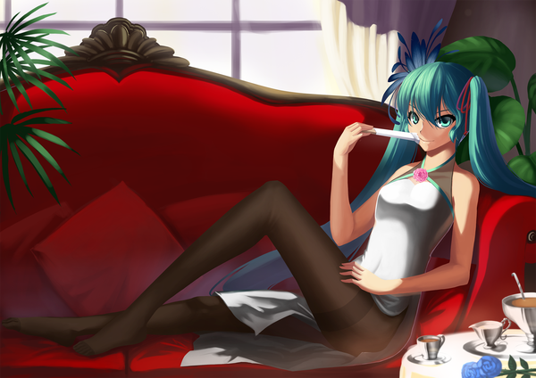 Anime picture 2000x1414 with vocaloid hatsune miku majicjiang single long hair highres twintails aqua eyes aqua hair girl couch