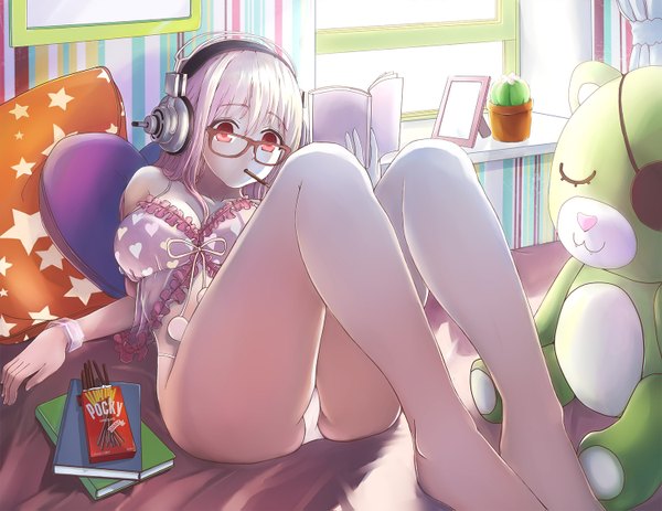 Anime picture 1500x1159 with nitroplus super sonico ringovalent single blush short hair light erotic red eyes bare shoulders pink hair cleavage barefoot bare legs cameltoe reading girl underwear panties plant (plants) glasses