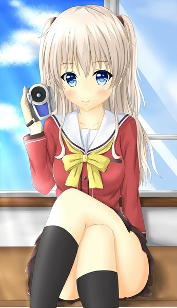 Anime picture 576x1000 with charlotte p.a. works tomori nao tear yu single long hair tall image blush fringe breasts blue eyes smile sitting grey hair two side up girl skirt uniform school uniform socks