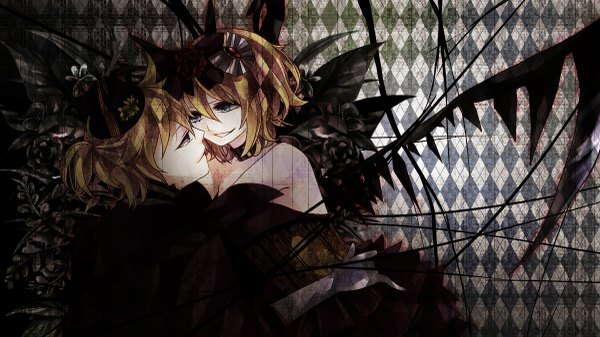 Anime picture 1200x675 with vocaloid kagamine rin kagamine len fringe short hair blue eyes blonde hair smile wide image bare shoulders ponytail light smile hug eye contact twins checkered checkered background girl dress boy
