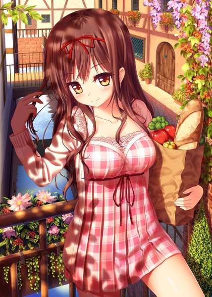 Anime picture 1020x1431 with original nazu-na single long hair tall image looking at viewer blush smile brown hair yellow eyes river girl dress flower (flowers) fruit apple bread plaid dress