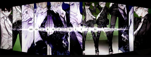 Anime picture 2000x765 with gintama sunrise (studio) sakata gintoki hijikata toshiro highres short hair black hair blonde hair wide image standing open clothes arms up open jacket multiple boys multiview covering covering eye (eyes) dancing column lineup boy