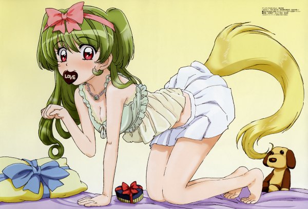 Anime picture 5189x3536 with inukami megami magazine youko (inukami) tomooka shinpei single long hair blush highres red eyes holding full body tail barefoot green hair scan official art mouth hold on all fours paw pose cat pose