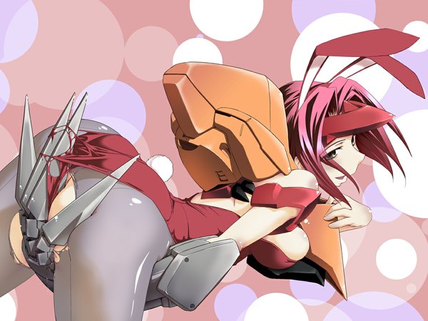 Anime picture 1024x768 with code geass sunrise (studio) kallen stadtfeld short hair breasts light erotic animal ears ass red hair bunny ears sideboob torn clothes cosplay torn pantyhose mecha musume tearing clothes pantyhose bunnysuit claws ikuya