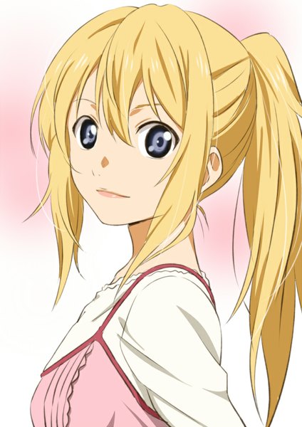 Anime picture 650x919 with shigatsu wa kimi no uso a-1 pictures miyazono kaori saitoyu00 single long hair tall image looking at viewer blonde hair simple background ponytail grey eyes portrait pink background girl dress