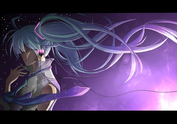 Anime picture 1000x700 with vocaloid hatsune miku ruka (ff lightning) single long hair twintails bare shoulders eyes closed aqua hair girl necktie headphones