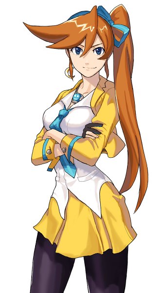Anime picture 690x1200 with ace attorney kizuki kokone ogros single long hair tall image looking at viewer blue eyes simple background smile brown hair white background ponytail side ponytail crossed arms girl ribbon (ribbons) hair ribbon earrings pantyhose