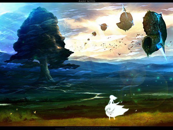 Anime picture 1024x768 with original rel sky cloud (clouds) wallpaper landscape river nature plant (plants) animal tree (trees) bird (birds) insect butterfly aircraft seashell airship