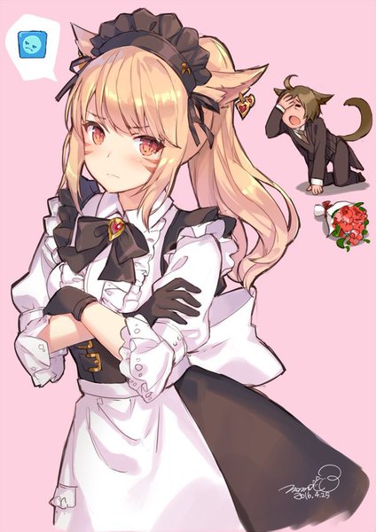 Anime picture 600x848 with final fantasy final fantasy xiv square enix miqo'te momoko (momopoco) tall image looking at viewer blush fringe simple background blonde hair brown eyes signed animal ears ponytail cat ears maid facial mark dated crossed arms