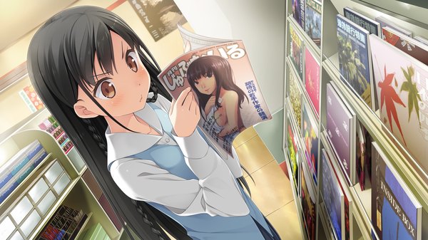 Anime picture 1920x1080 with koi suru kanojo no bukiyou na butai nanase sena kantoku single long hair blush fringe highres black hair wide image standing brown eyes indoors braid (braids) twin braids alternate hairstyle surprised reading girl shelf