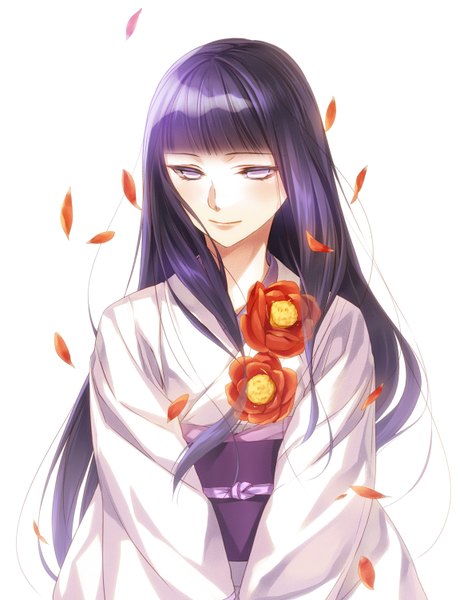 Anime picture 1152x1500 with naruto studio pierrot naruto (series) hyuuga hinata rororororo single long hair tall image black hair white background traditional clothes japanese clothes white eyes no pupils girl flower (flowers) petals kimono camellia (flower)