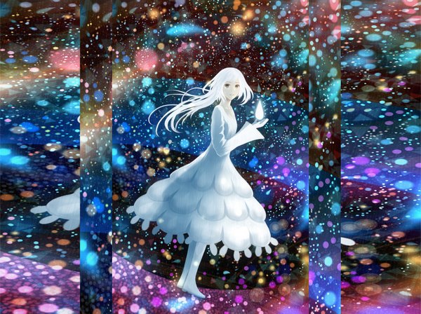 Anime picture 1900x1421 with original bounin single long hair looking at viewer highres holding brown eyes yellow eyes white hair light smile tears light third-party edit girl dress gloves white dress flame fireflies