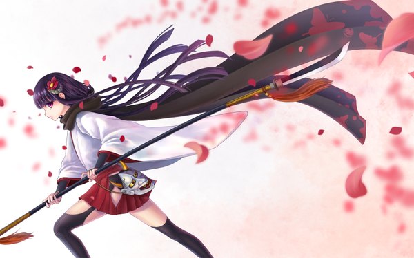 Anime picture 1680x1050 with inu x boku ss david production shirakiin ririchiyo single long hair red eyes wide image purple hair traditional clothes hair flower horn (horns) girl thighhighs skirt hair ornament weapon black thighhighs miniskirt petals scarf