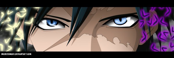 Anime picture 2562x858 with magi the labyrinth of magic a-1 pictures ren hakuryuu nicouzumaki single looking at viewer fringe highres blue eyes hair between eyes wide image signed letterboxed scar close-up dark hair boy rukh (magi)