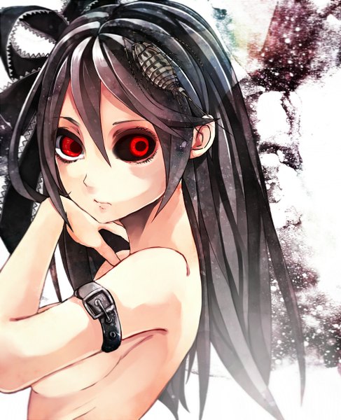Anime picture 1000x1233 with vocaloid bacterial contamination (vocaloid) hatsune miku calcium wakatsuki you single long hair tall image fringe light erotic black hair simple background red eyes bare shoulders looking away black eyes no bra bare back girl hair ornament