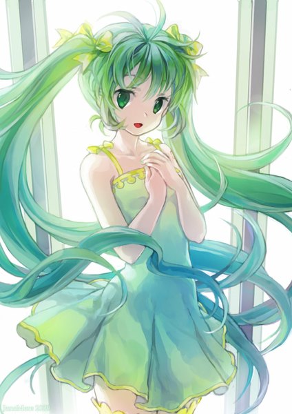 Anime picture 800x1131 with vocaloid hatsune miku jane mere single long hair tall image looking at viewer fringe open mouth standing twintails aqua eyes aqua hair alternate costume happy girl dress hair ornament bow hair bow