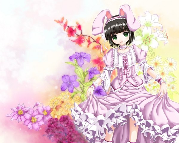 Anime picture 2000x1600 with ikoku meiro no croisee satelight yune (ikoku meiro no croisee) fatkewell single highres short hair black hair green eyes bunny ears girl dress flower (flowers)