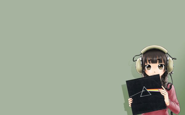 Anime picture 1920x1200 with original pink floyd ootsuka mahiro single long hair highres simple background smile brown hair wide image holding brown eyes braid (braids) shadow twin braids girl headphones gramophone record