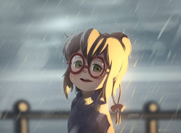 Anime picture 2500x1844 with original dfer single blush highres short hair open mouth smile brown hair green eyes sky cloud (clouds) wet lipstick rain girl bow hair bow glasses sweater