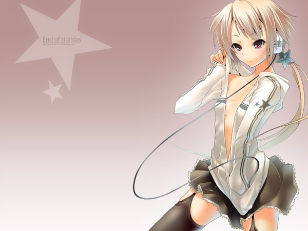 Anime picture 1600x1200 with nilitsu single long hair light erotic no bra girl headphones star (symbol)