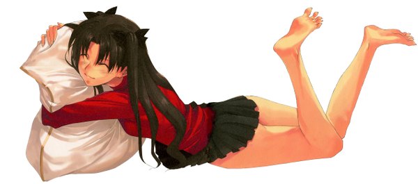 Anime picture 2540x1122 with fate (series) fate/stay night studio deen type-moon toosaka rin morii shizuki single long hair blush highres simple background smile wide image white background lying eyes closed barefoot two side up legs hug