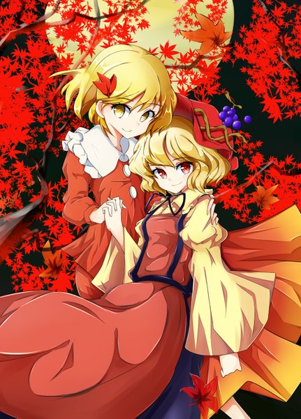 Anime picture 2643x3677 with touhou aki minoriko aki shizuha baba (baba seimaijo) tall image highres short hair blonde hair smile red eyes multiple girls yellow eyes girl dress 2 girls leaf (leaves) bonnet