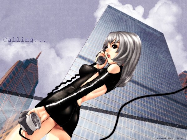 Anime picture 1600x1200 with tagme (copyright) single long hair open mouth silver hair looking back black eyes inscription looking down girl building (buildings) skyscraper