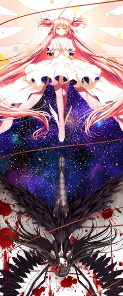 Anime picture 800x1920 with mahou shoujo madoka magica shaft (studio) akemi homura kaname madoka goddess madoka akuma homura 4b-enpitsu tall image looking at viewer blush black hair red eyes twintails multiple girls yellow eyes pink hair very long hair black wings upside down magical girl