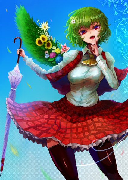 Anime picture 1000x1413 with touhou kazami yuuka amaguri single tall image looking at viewer short hair open mouth red eyes green hair finger to mouth blue background closed umbrella girl thighhighs dress skirt flower (flowers) black thighhighs umbrella