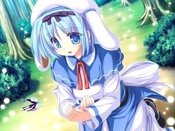Anime picture 1600x1200 with magus tale whirlpool (studio) kujou yuuka tenmaso single blush short hair open mouth blue eyes animal ears game cg kneeling looking down girl ribbon (ribbons) plant (plants) hair ribbon tree (trees) insect butterfly
