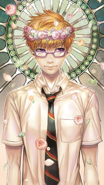 Anime picture 1200x2124 with bbbox (hotpppink) single tall image fringe short hair blonde hair standing purple eyes looking away lips boy shirt glasses necktie white shirt wreath