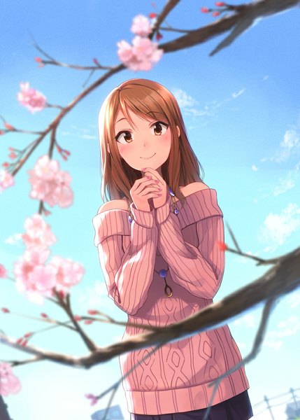 Anime picture 700x979 with idolmaster idolmaster cinderella girls houjou karen yuki usagi (mofurafu) single long hair tall image looking at viewer fringe smile standing bare shoulders brown eyes sky cloud (clouds) fingernails orange hair girl skirt flower (flowers)