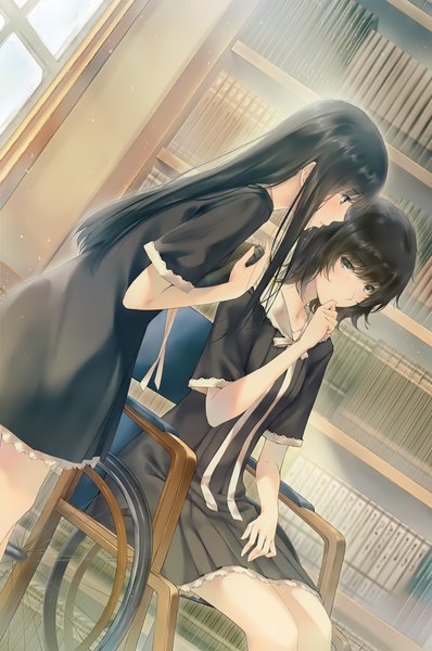 Anime picture 2656x4000 with flowers (innocent grey) innocent grey shirahane suou yaegaki erika sugina miki long hair tall image looking at viewer fringe highres short hair blue eyes black hair standing sitting multiple girls looking away profile black eyes scan