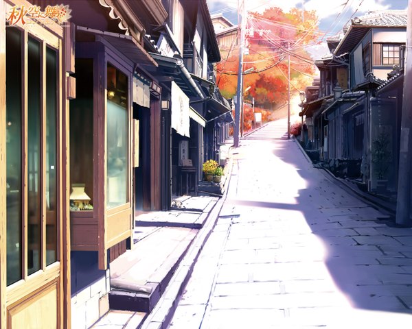 Anime picture 1280x1024 with akizora ni mau confetti ueda ryou sky cloud (clouds) no people street plant (plants) tree (trees) window building (buildings) wire (wires) power lines